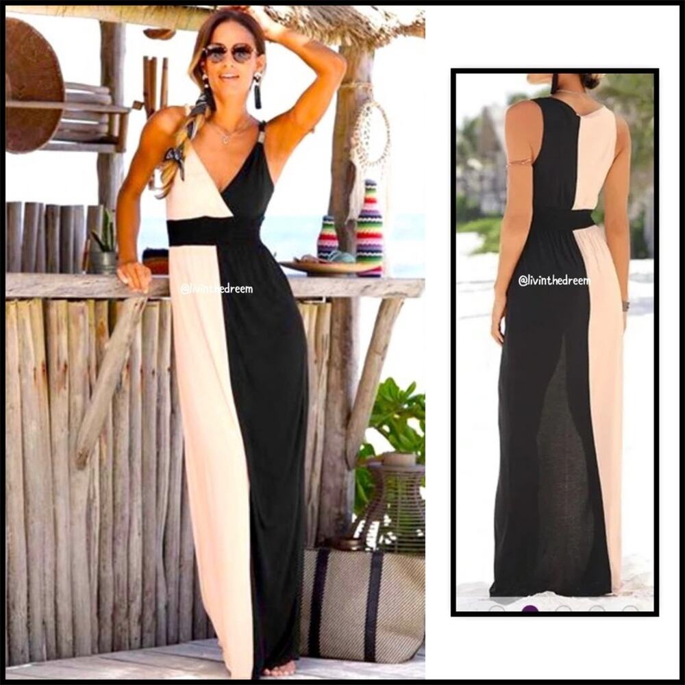 Colorblock V-Neck Maxi Dress - Black & Cream